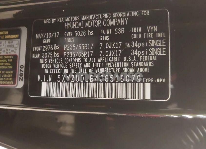 Photo 9 of 2018 Hyundai Santa FE SPORT 2.4L (VIN 5XYZUDLB4JG516079)