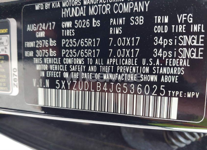 Photo 9 of 2018 Hyundai Santa FE SPORT 2.4L (VIN 5XYZUDLB4JG536025)