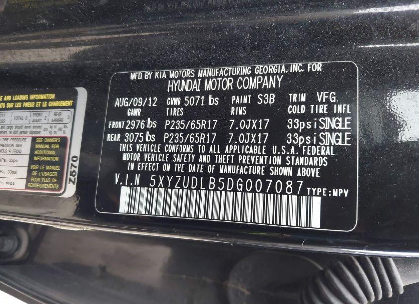 Photo 9 of 2013 Hyundai Santa FE SPORT (VIN 5XYZUDLB5DG007087)