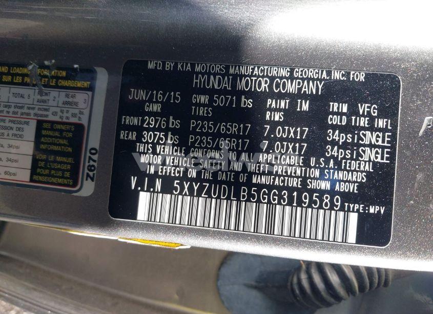 Photo 9 of 2016 Hyundai Santa FE SPORT 2.4L (VIN 5XYZUDLB5GG319589)