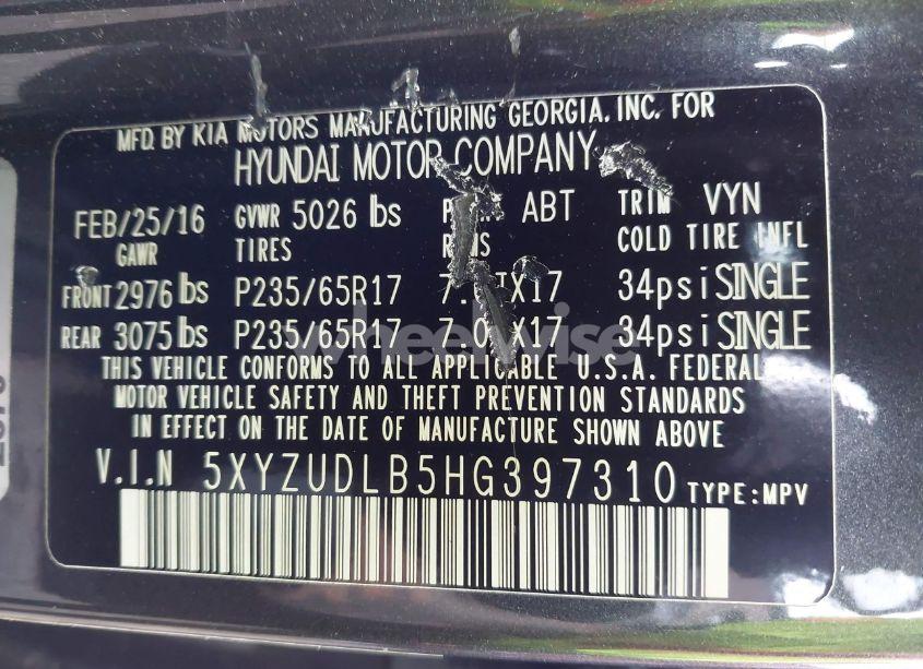 Photo 9 of 2017 Hyundai Santa FE SPORT 2.4L (VIN 5XYZUDLB5HG397310)