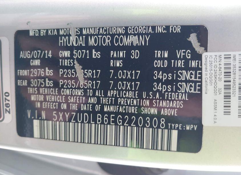 Photo 9 of 2014 Hyundai Santa FE SPORT 2.4L (VIN 5XYZUDLB6EG220308)