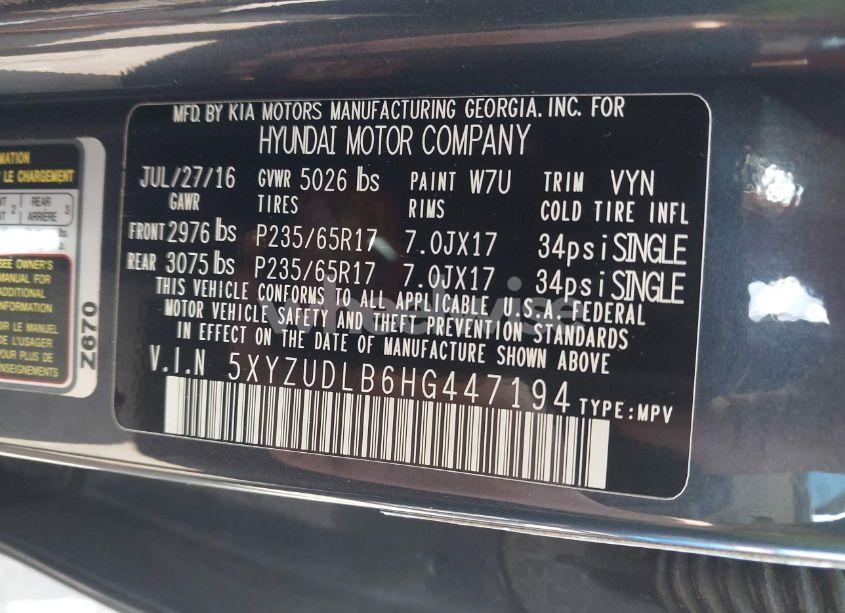 Photo 9 of 2017 Hyundai Santa FE SPORT 2.4L (VIN 5XYZUDLB6HG447194)