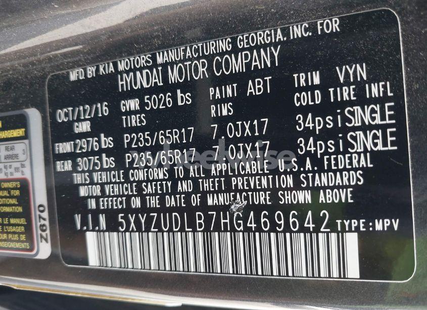 Photo 9 of 2017 Hyundai Santa FE SPORT 2.4L (VIN 5XYZUDLB7HG469642)