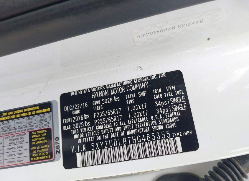 Photo 9 of 2017 Hyundai Santa FE SPORT 2.4L (VIN 5XYZUDLB7HG485355)