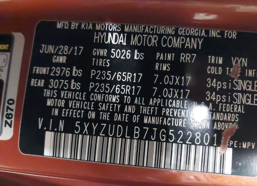 Photo 9 of 2018 Hyundai Santa FE SPORT 2.4L (VIN 5XYZUDLB7JG522801)