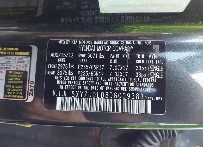 Photo 9 of 2013 Hyundai Santa FE SPORT (VIN 5XYZUDLB8DG009383)