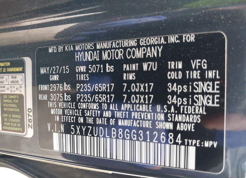 Photo 9 of 2016 Hyundai Santa FE SPORT 2.4L (VIN 5XYZUDLB8GG312684)