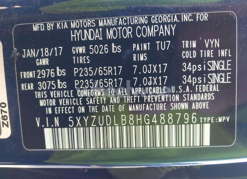 Photo 9 of 2017 Hyundai Santa FE SPORT 2.4L (VIN 5XYZUDLB8HG488796)