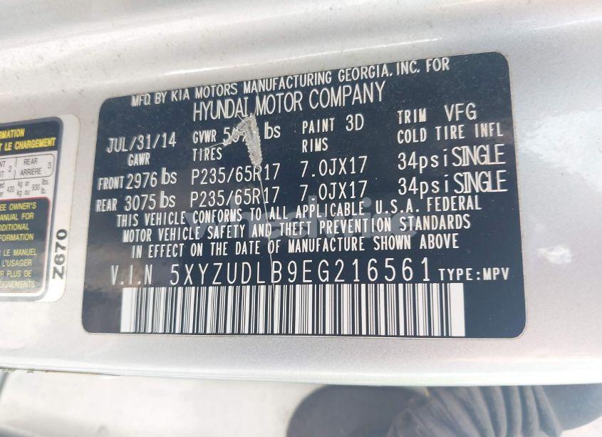 Photo 9 of 2014 Hyundai Santa FE SPORT 2.4L (VIN 5XYZUDLB9EG216561)