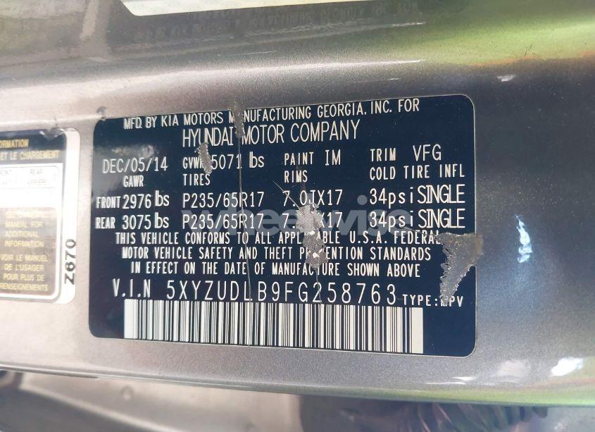 Photo 9 of 2015 Hyundai Santa FE SPORT 2.4L (VIN 5XYZUDLB9FG258763)