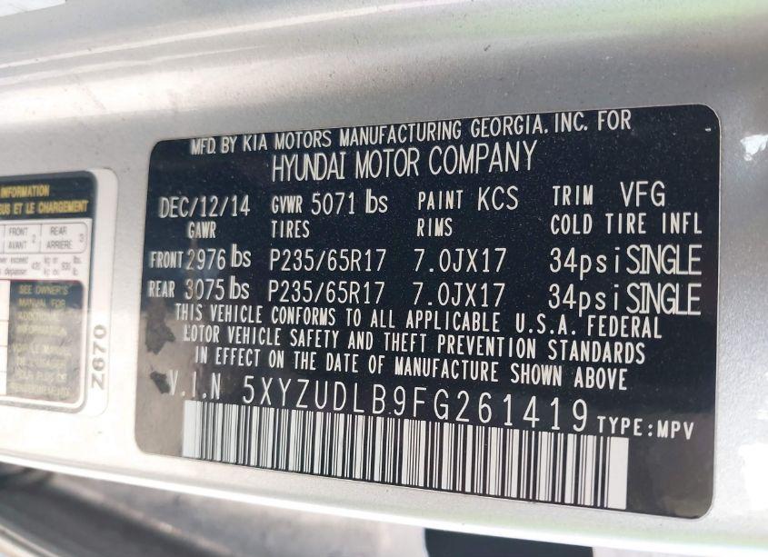 Photo 9 of 2015 Hyundai Santa FE SPORT 2.4L (VIN 5XYZUDLB9FG261419)