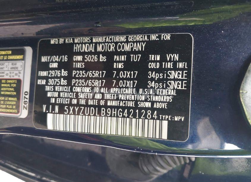 Photo 9 of 2017 Hyundai Santa FE SPORT 2.4L (VIN 5XYZUDLB9HG421284)