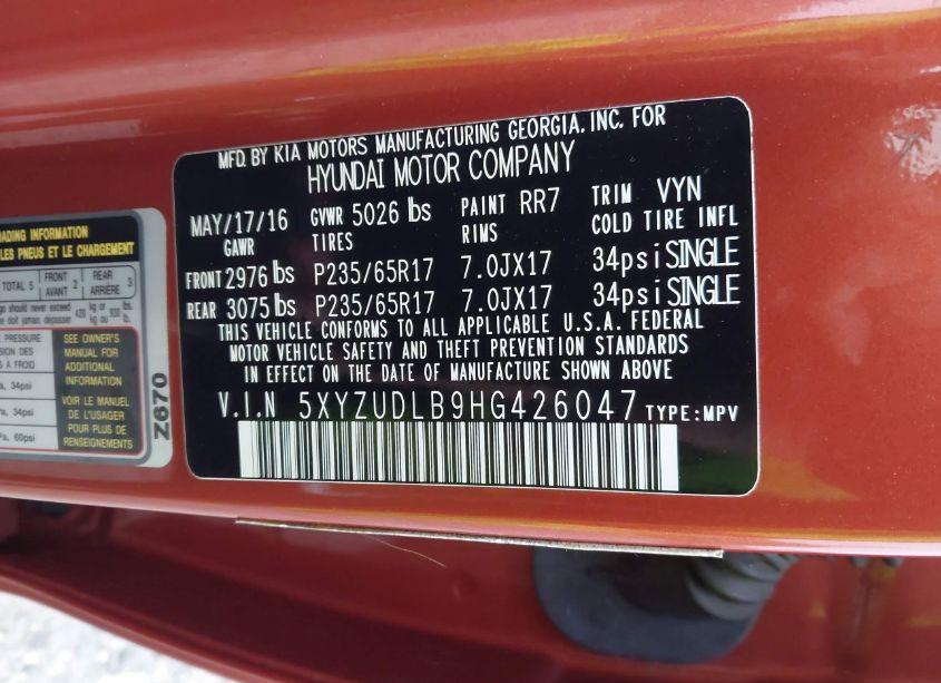 Photo 9 of 2017 Hyundai Santa FE SPORT 2.4L (VIN 5XYZUDLB9HG426047)