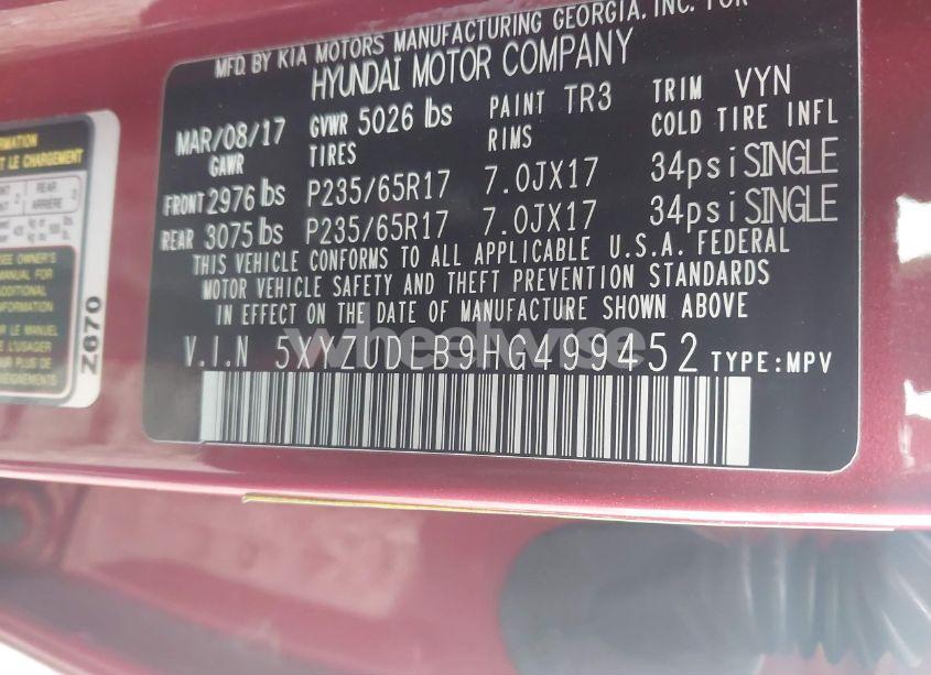 Photo 9 of 2017 Hyundai Santa FE SPORT 2.4L (VIN 5XYZUDLB9HG499452)