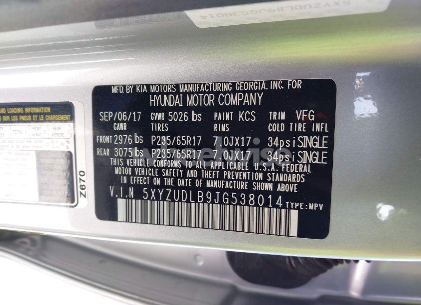 Photo 9 of 2018 Hyundai Santa FE SPORT 2.4L (VIN 5XYZUDLB9JG538014)