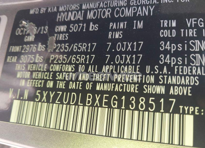 Photo 9 of 2014 Hyundai Santa FE SPORT 2.4L (VIN 5XYZUDLBXEG138517)