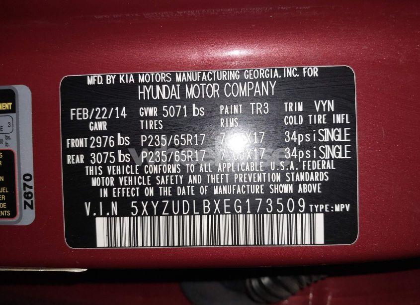 Photo 9 of 2014 Hyundai Santa FE SPORT 2.4L (VIN 5XYZUDLBXEG173509)