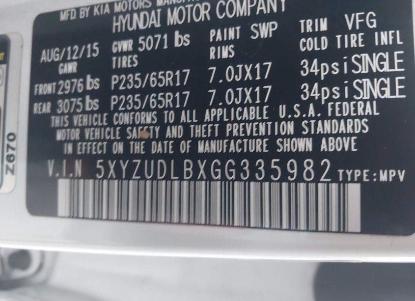 Photo 9 of 2016 Hyundai Santa FE SPORT 2.4L (VIN 5XYZUDLBXGG335982)