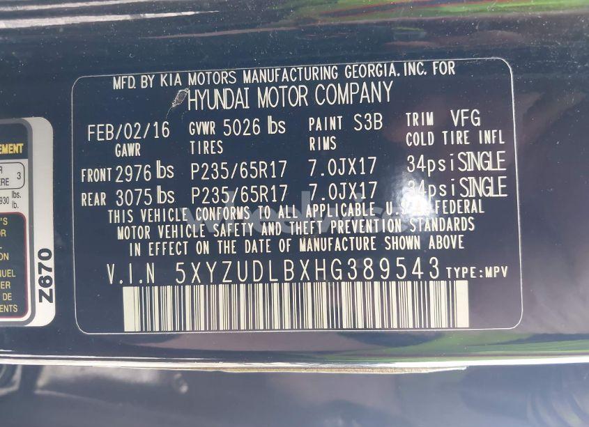 Photo 9 of 2017 Hyundai Santa FE SPORT 2.4L (VIN 5XYZUDLBXHG389543)