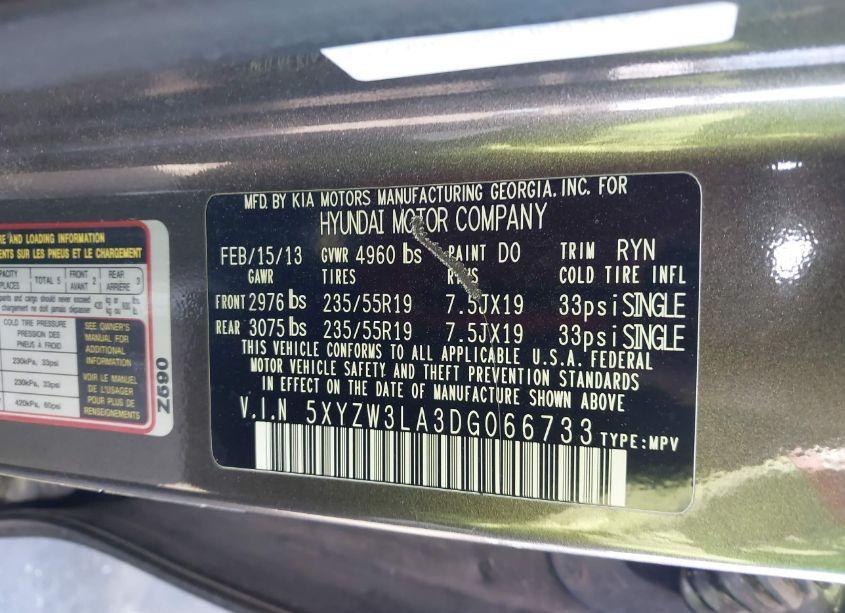 Photo 9 of 2013 Hyundai Santa FE SPORT 2.0T (VIN 5XYZW3LA3DG066733)