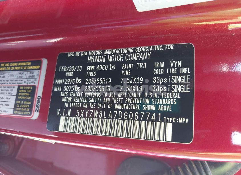 Photo 9 of 2013 Hyundai Santa FE SPORT 2.0T (VIN 5XYZW3LA7DG067741)