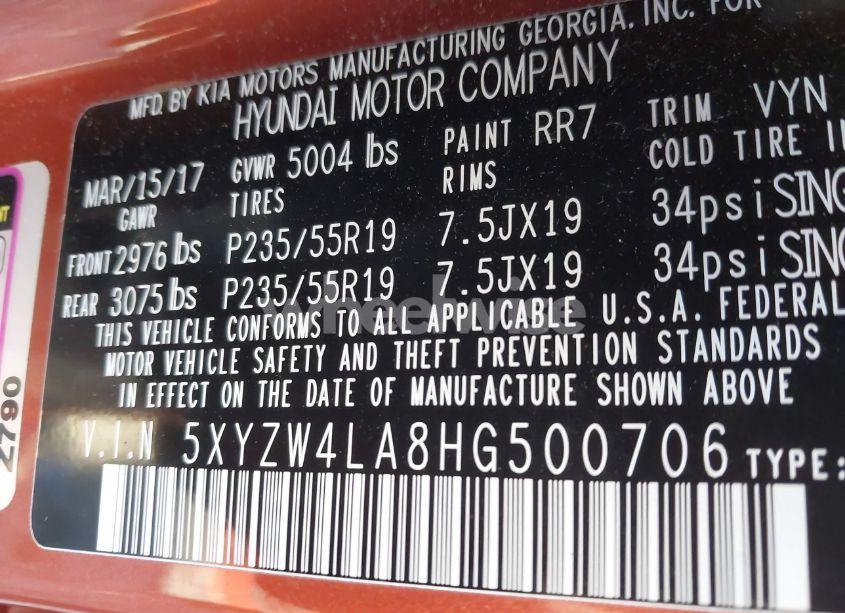 Photo 9 of 2017 Hyundai Santa FE SPORT (VIN 5XYZW4LA8HG500706)
