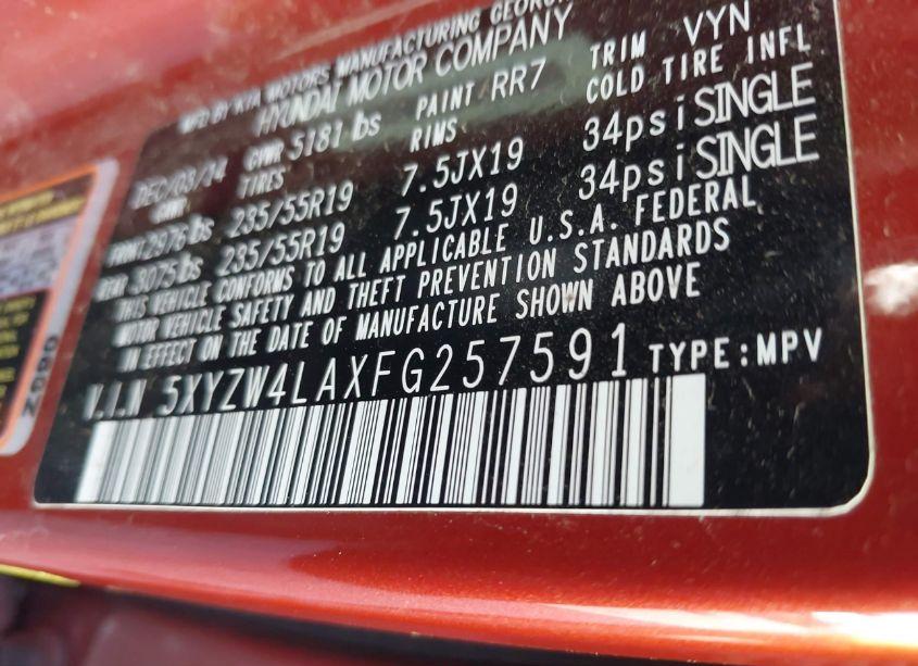 Photo 9 of 2015 Hyundai Santa FE SPORT 2.0L TURBO (VIN 5XYZW4LAXFG257591)