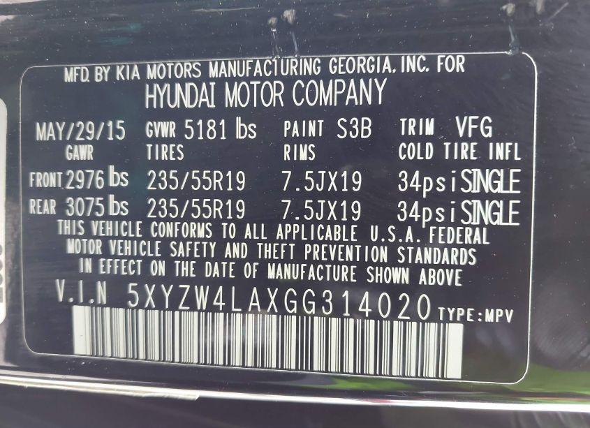 Photo 9 of 2016 Hyundai Santa FE SPORT 2.0L TURBO (VIN 5XYZW4LAXGG314020)