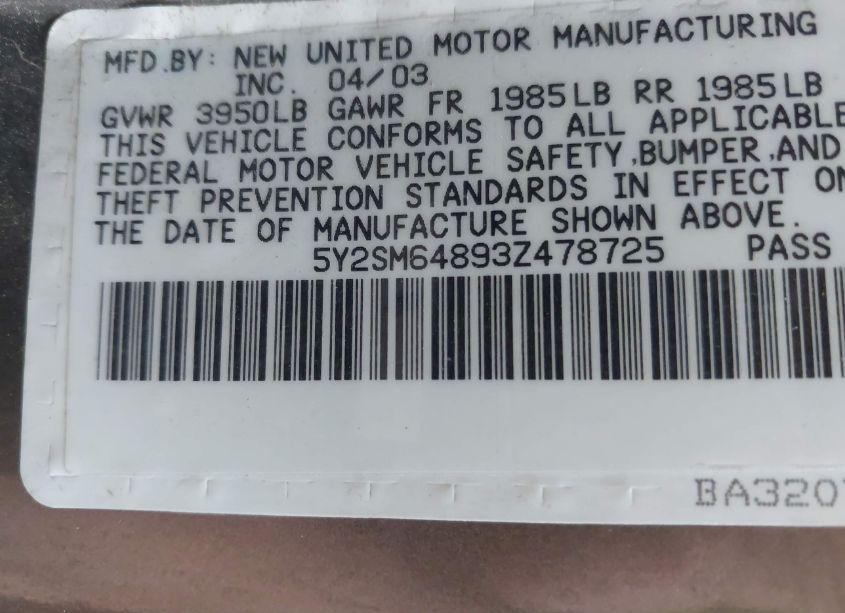 Photo 9 of 2003 Pontiac Vibe (VIN 5Y2SM64893Z478725)