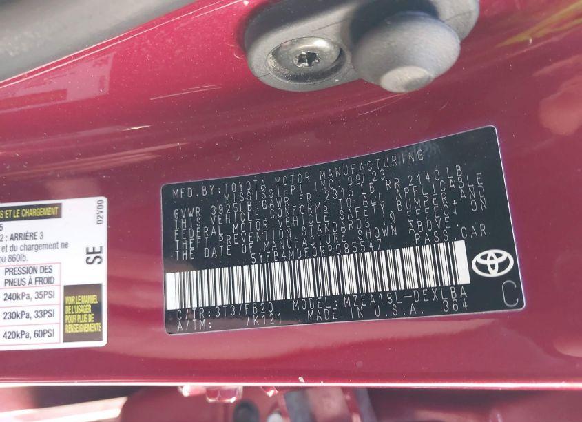 Photo 9 of 2024 Toyota Corolla LE (VIN 5YFB4MDE0RP085547)