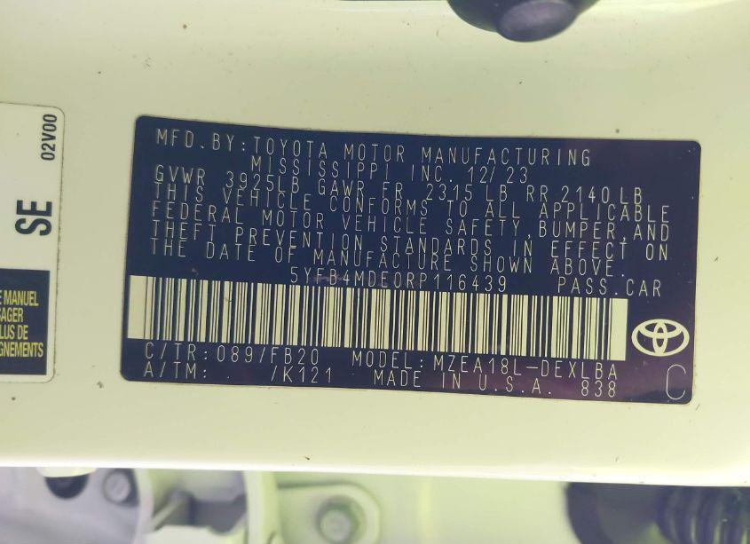 Photo 9 of 2024 Toyota Corolla LE (VIN 5YFB4MDE0RP116439)