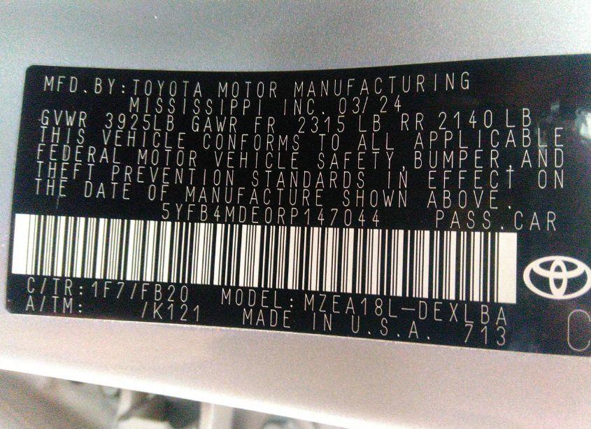 Photo 9 of 2024 Toyota Corolla LE (VIN 5YFB4MDE0RP147044)