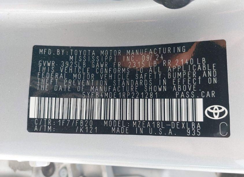 Photo 9 of 2024 Toyota Corolla LE (VIN 5YFB4MDE1RP221281)