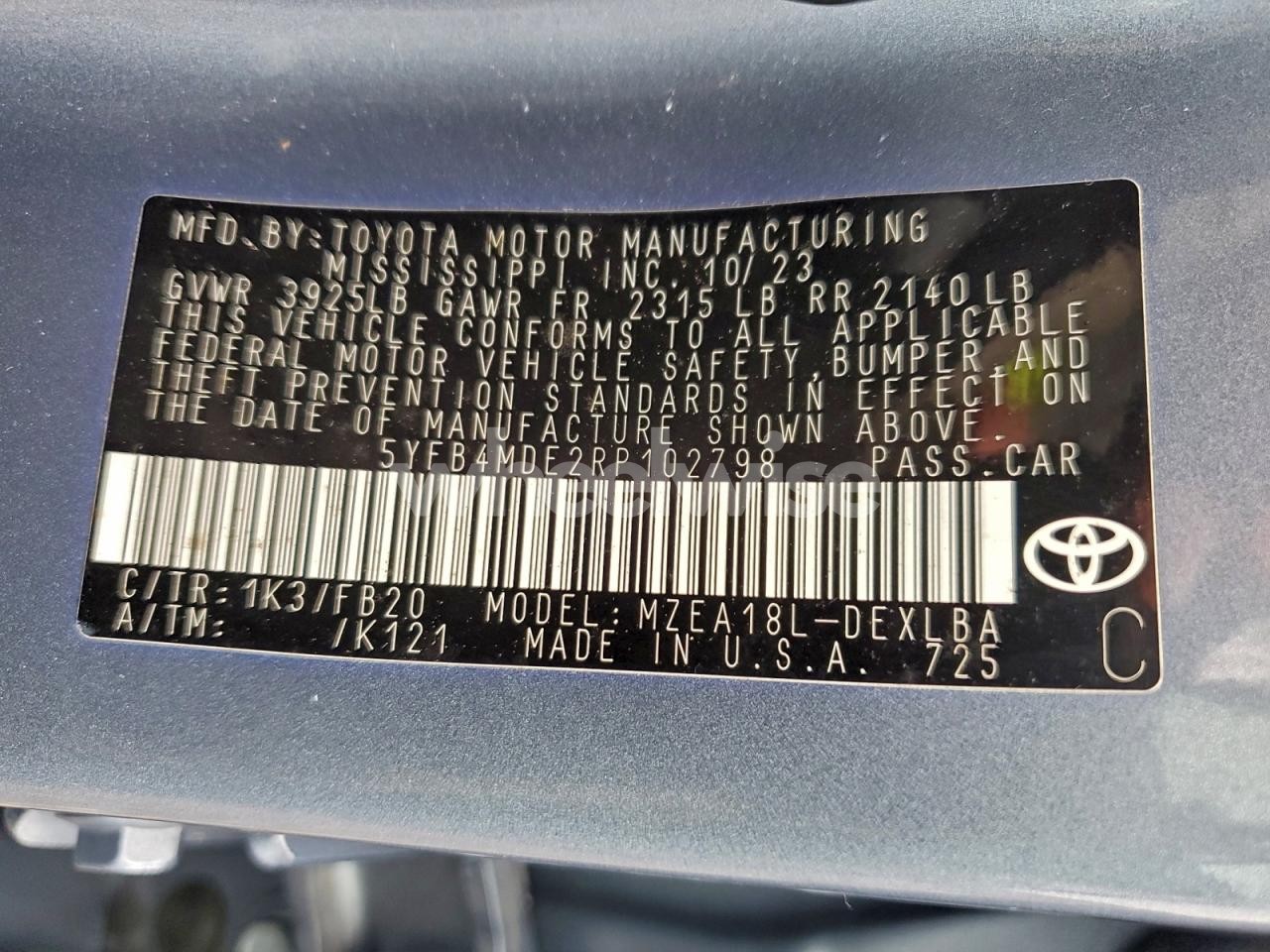 Photo 12 of 2024 TOYOTA COROLLA LE (VIN 5YFB4MDE2RP102798)