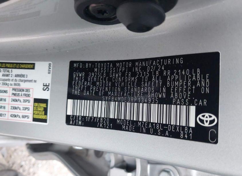 Photo 9 of 2024 Toyota Corolla LE (VIN 5YFB4MDE3RP134935)