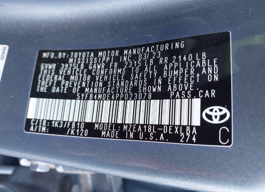 Photo 9 of 2023 Toyota Corolla LE (VIN 5YFB4MDE4PP023078)