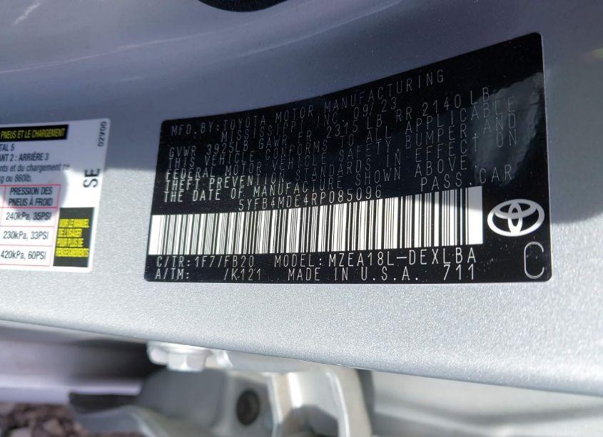 Photo 9 of 2024 Toyota Corolla LE (VIN 5YFB4MDE4RP085096)