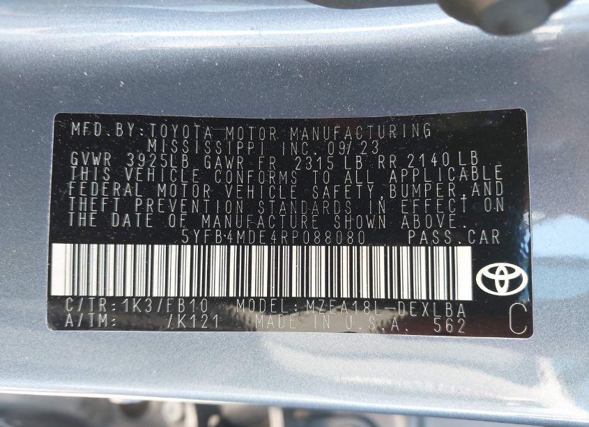 Photo 9 of 2024 Toyota Corolla LE (VIN 5YFB4MDE4RP088080)