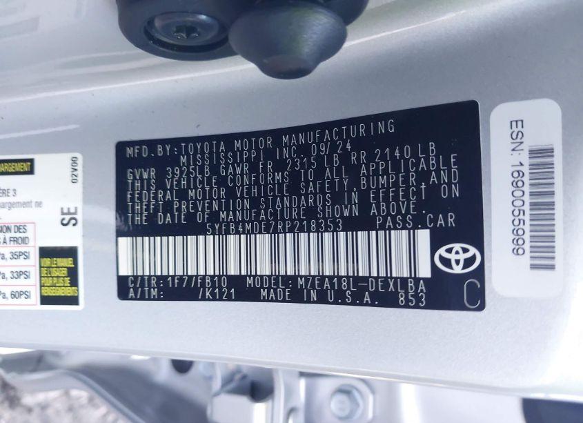 Photo 9 of 2024 Toyota Corolla LE (VIN 5YFB4MDE7RP218353)