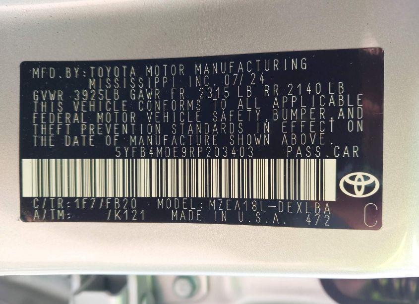 Photo 9 of 2024 Toyota Corolla LE (VIN 5YFB4MDE9RP203403)