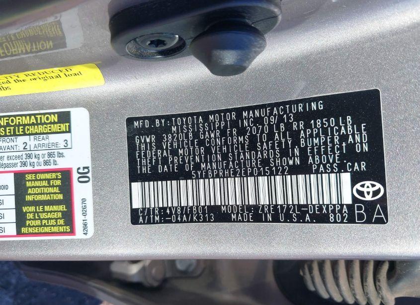 Photo 9 of 2014 Toyota Corolla ECO/ECO PLUS/ECO PREMIUM (VIN 5YFBPRHE2EP015122)