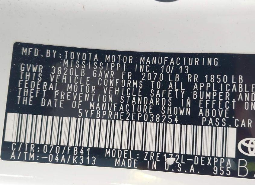 Photo 9 of 2014 Toyota Corolla LE ECO PLUS (VIN 5YFBPRHE2EP038254)