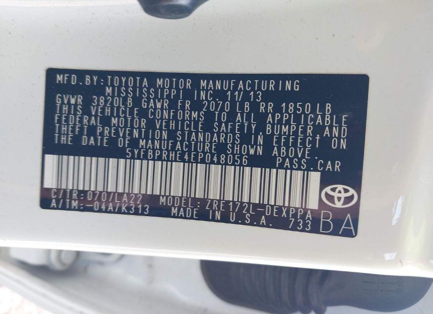 Photo 9 of 2014 Toyota Corolla LE ECO PREMIUM (VIN 5YFBPRHE4EP048056)