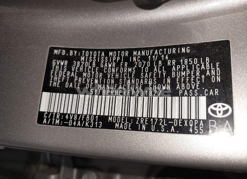 Photo 9 of 2015 Toyota Corolla LE ECO (VIN 5YFBPRHE4FP231877)