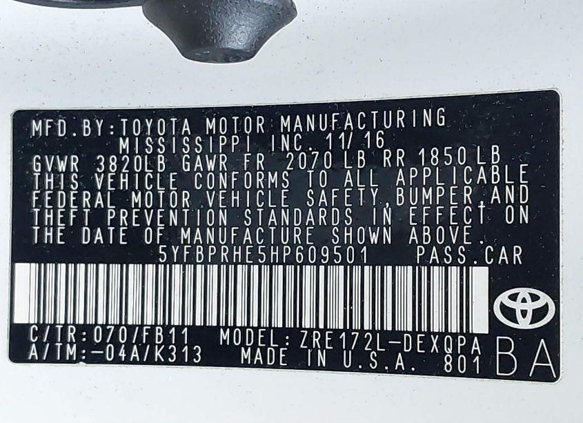 Photo 9 of 2017 Toyota Corolla LE ECO (VIN 5YFBPRHE5HP609501)