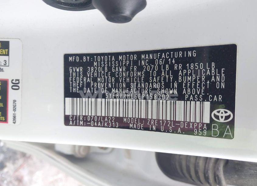 Photo 9 of 2014 Toyota Corolla ECO/ECO PLUS/ECO PREMIUM (VIN 5YFBPRHE6EP158302)