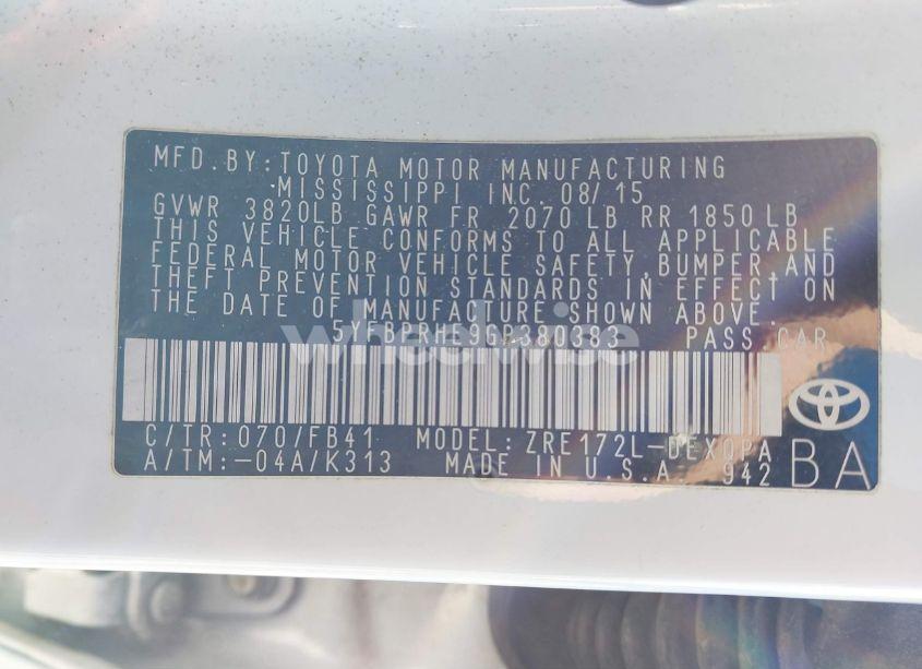 Photo 9 of 2016 Toyota Corolla LE ECO (VIN 5YFBPRHE9GP380383)