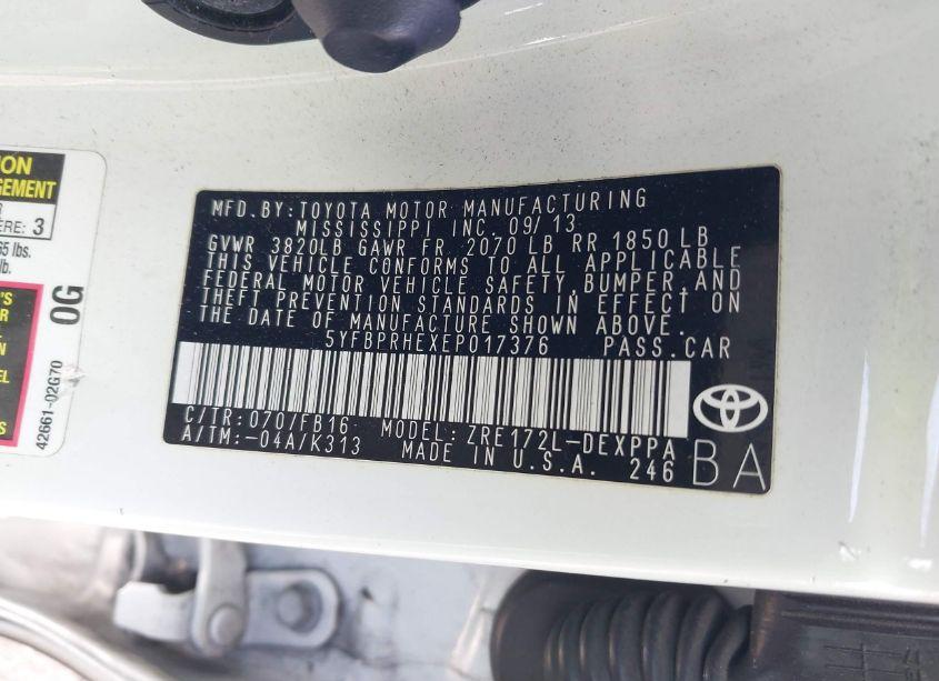 Photo 9 of 2014 Toyota Corolla LE ECO PLUS (VIN 5YFBPRHEXEP017376)