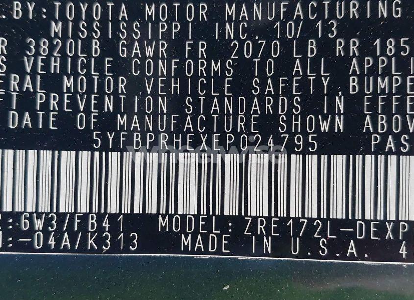 Photo 9 of 2014 Toyota Corolla ECO/ECO PLUS/ECO PREMIUM (VIN 5YFBPRHEXEP024795)